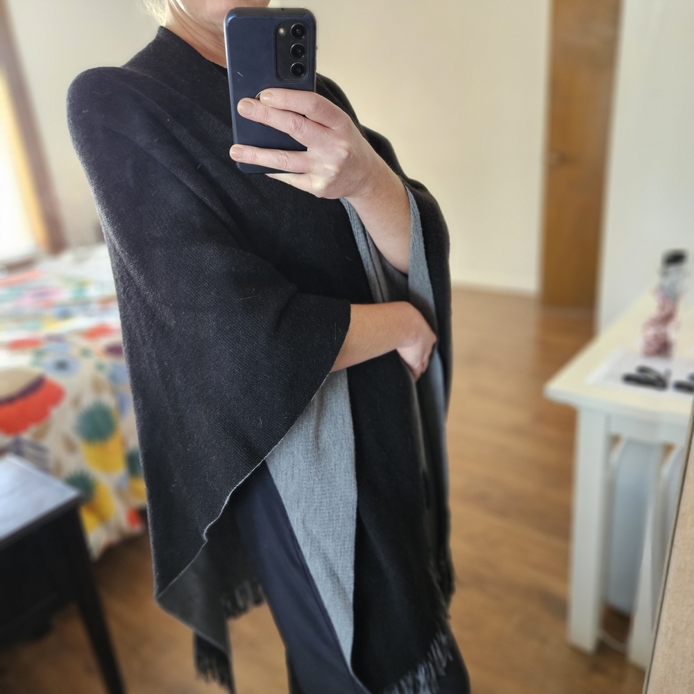 Coldwater Creek Gray and Black Fringed Ruana